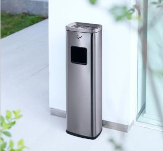 A standing garbage can with an ashtray - silver