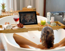 Bamboo bath tray for the bathtub with a wine glass holder and a place for a laptop / Bathroom shelf for a bathtub
