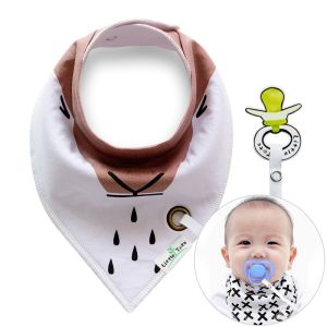 Brown and white shawl / bib with a pacifier hanger