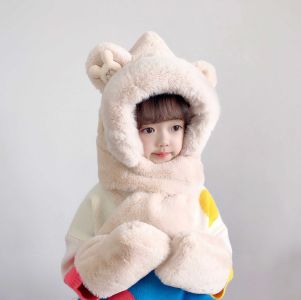 Children's plush hat with a scarf and 3in1 gloves for children from 2 to 12 years old - beige