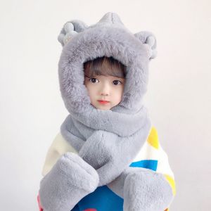 Children's plush hat with a scarf and 3in1 gloves for children from 2 to 12 years old - gray 