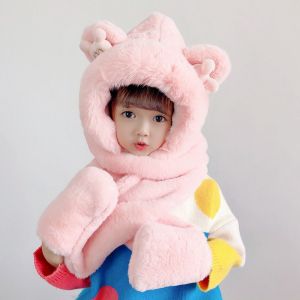 Children's plush hat with a scarf and 3in1 gloves for children from 2 to 12 years old - light pink