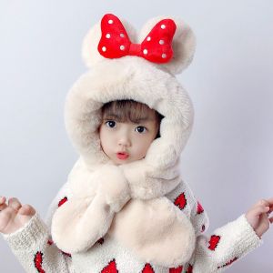 Children's plush hat with a scarf for children aged 1 to 8 - beige with a red bow