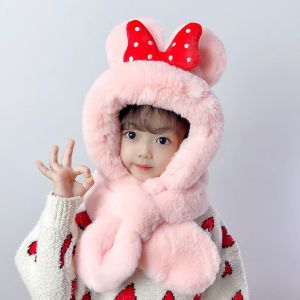 Children's plush hat with a scarf for children aged 1 to 8 - pink with a red bow