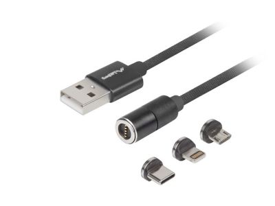 COMBO CABLE USB-A(M)->USB MICRO(M)+LIGHTNING(M)+USB-C(M) 2.0 1M BLACK QC 3.0 MAGNETIC LANBERG