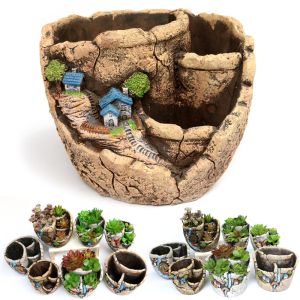 Decorative flower pot with a landscape - a house in the mountains