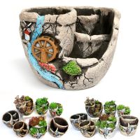 Dekoracyjna ceramiczna doniczka / donica z krajobrazem – koło wodne, kolor kamienny