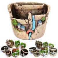 Dekoracyjna ceramiczna doniczka / donica z krajobrazem – wodospad, kolor kamienny