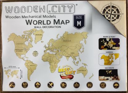 Drewniana Mapa Świata na ścianę 3D, rozm. M – kolor naturalny