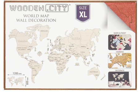 Drewniana Mapa Świata na ścianę 3D, rozm. XL- kolor niebieski