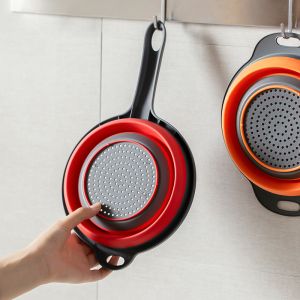 Folding silicone colander with handle - 2 pieces, red