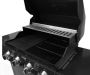 Gas grill with four burners, thermometer and cylinder cabinet.