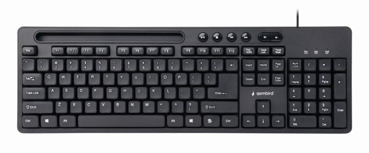 GEMBIRD KLAWIATURA MULTIMEDIALNA KB-UM-108 USB, US LAYOUT, Z UCHWYTEM NA TELEFON, CZARNA