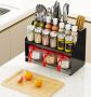Multifunctional rack for kitchen spices (with a container for kitchen accessories) - black, two-tier