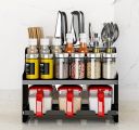 Multifunctional rack for kitchen spices (with a container for kitchen accessories) - black, two-tier