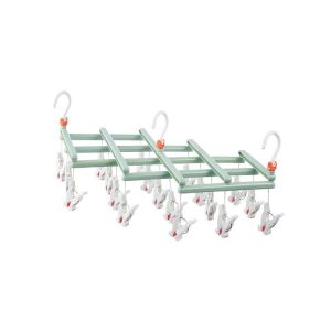 Plastic foldable clothes hanger with clips - 19 clips - green