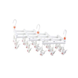 Plastic foldable clothes hanger with clips - 19 clips - white