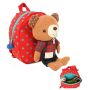 Red rucksack with a safety leash