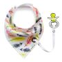 Scarf / bib with a pacifier hanger - colorful feathers