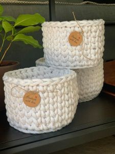 Set of 3in1 braided drawstring baskets - white