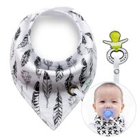 Shawl / bib with a pacifier hanger - black and white feathers