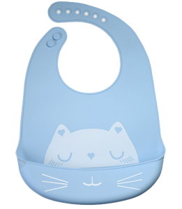 Silicone bib with a pocket for children - blue, cat