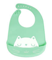 Silicone bib with a pocket for children - green, cat