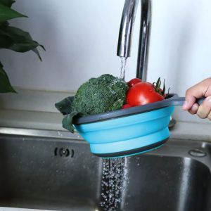 Silicone, foldable colander with a handle - 2 pieces, blue